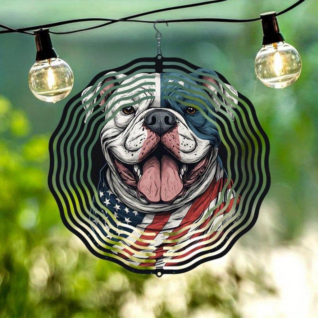 American Flag Dog Design 3D Metal Wind Chime for Outdoor Garden Patio Indoor Decor Holiday Festival Party Gift Rotating Wind Spinner