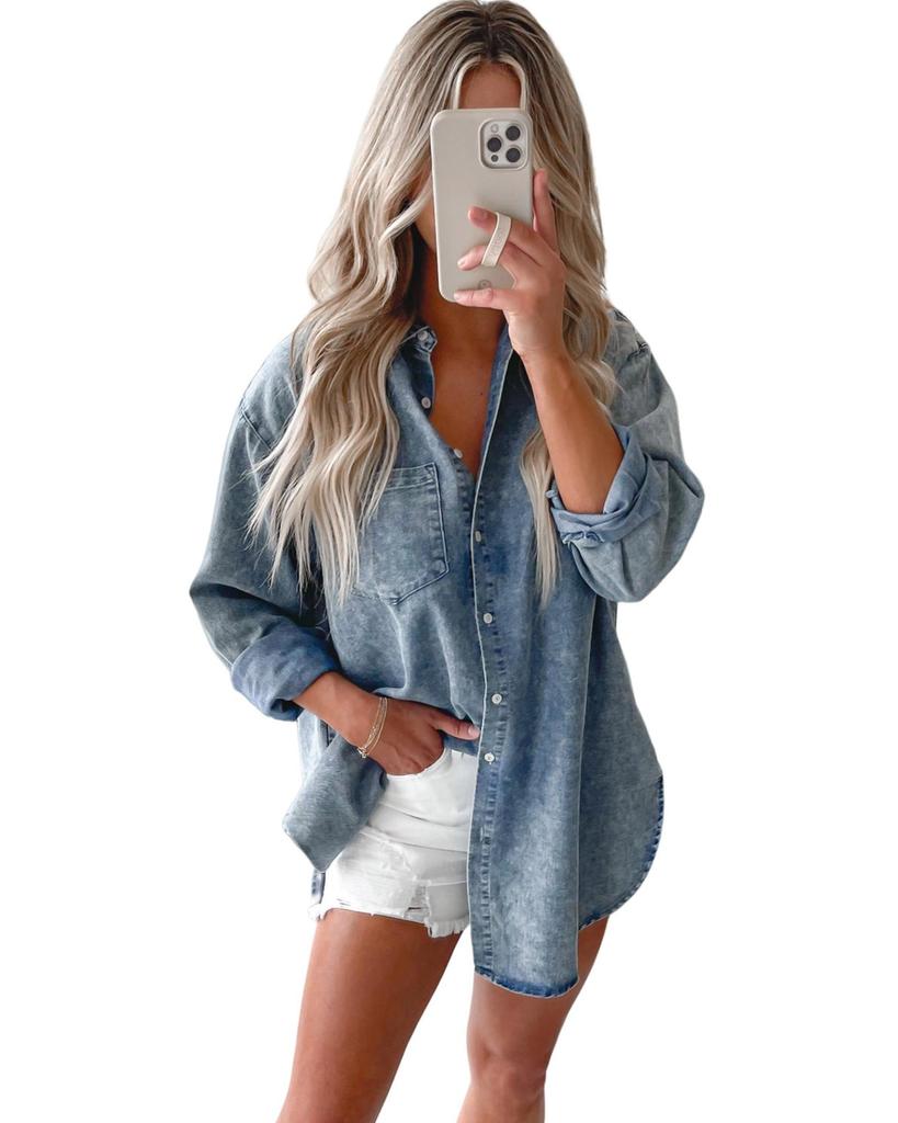 Azura Exchange Sky Blue Vintage Washed Chest Pocket Denim Shirt