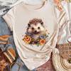 Fashion Women Cute Animal Hedgehog Flower Print T Shirt Funny Casual O-neck Short Sleeves T-shirt Summer Female Tee Shirt