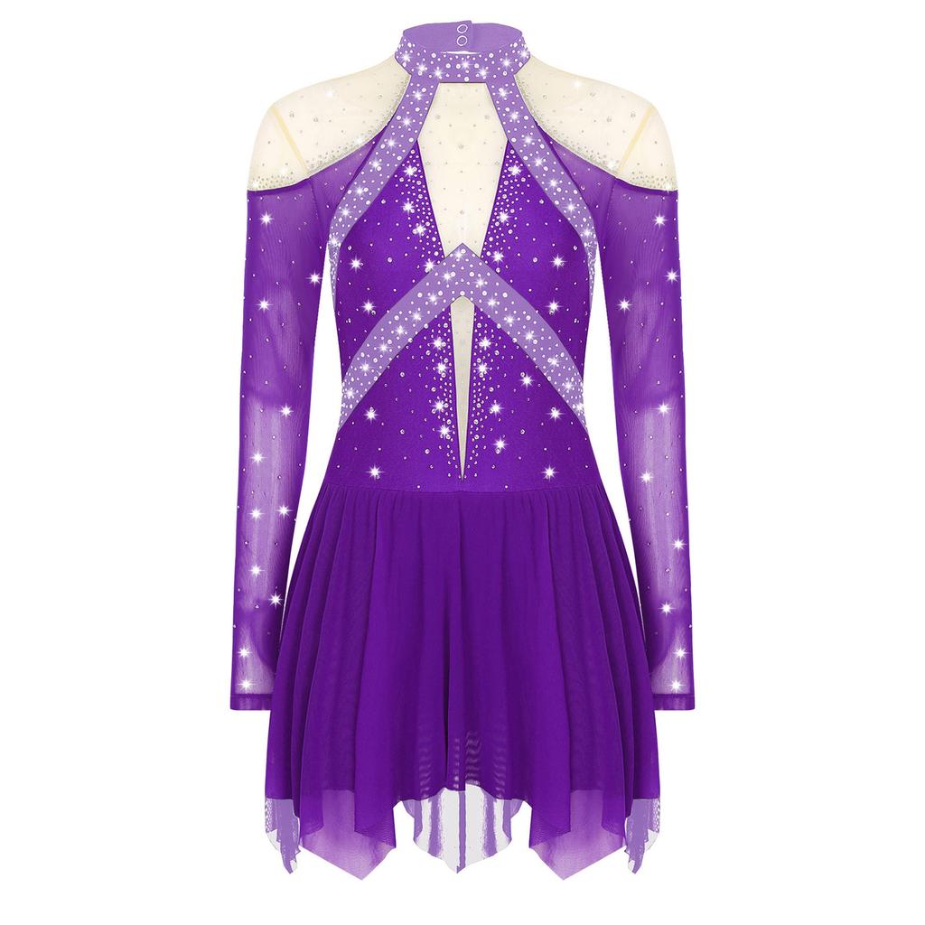 Женское платье для лирического танца, дизайн колор-блок, полупрозрачная сетчатая вставка, блестящие стразы, асимметричная танцевальная одежда