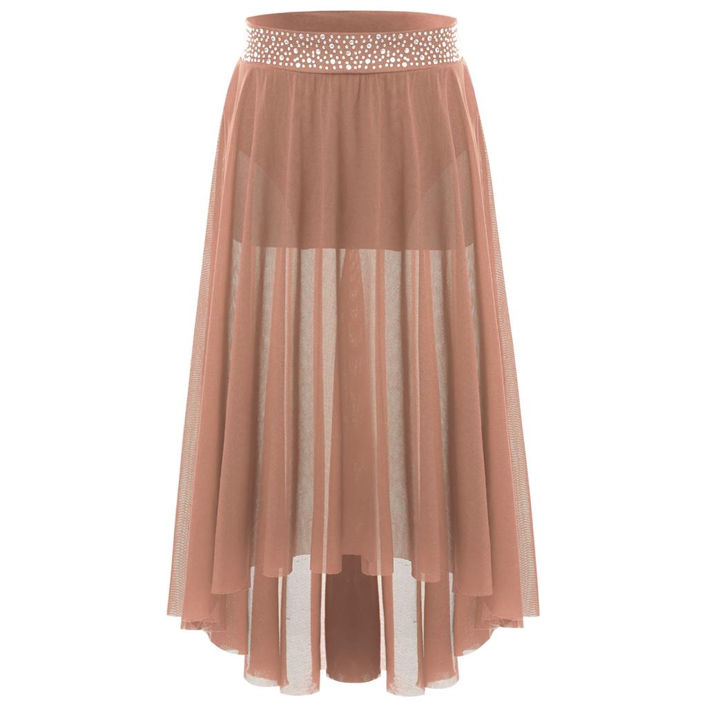 Юбка для лирического танца для девочек с блестящим поясом из стразов, сетчатая юбка хай-лоу, боковой разрез, современный