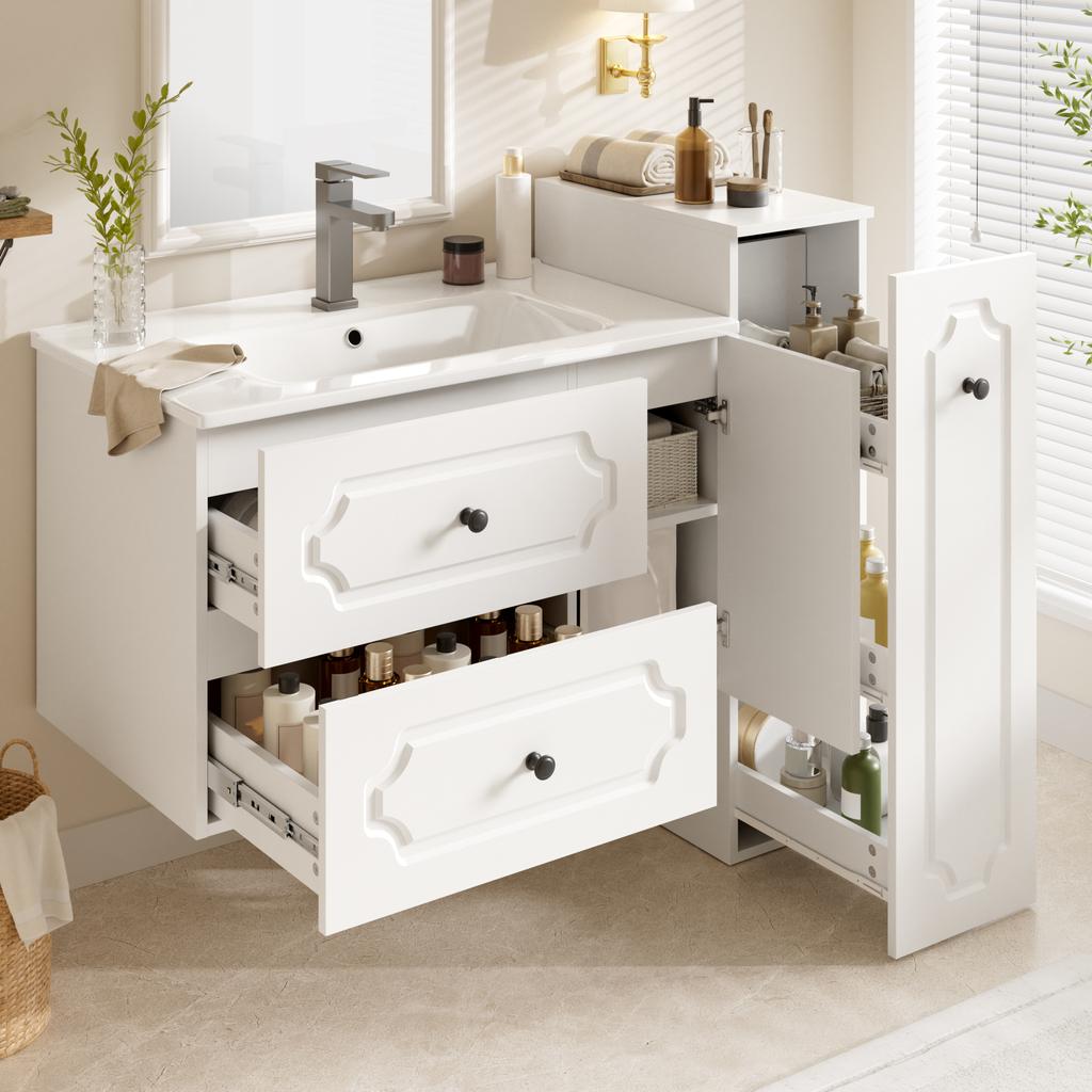 Modern bathroom furniture set 107 cm with ceramic washbasin, 2 drawers, 1-door base cabinet & integrated tall cabinet.