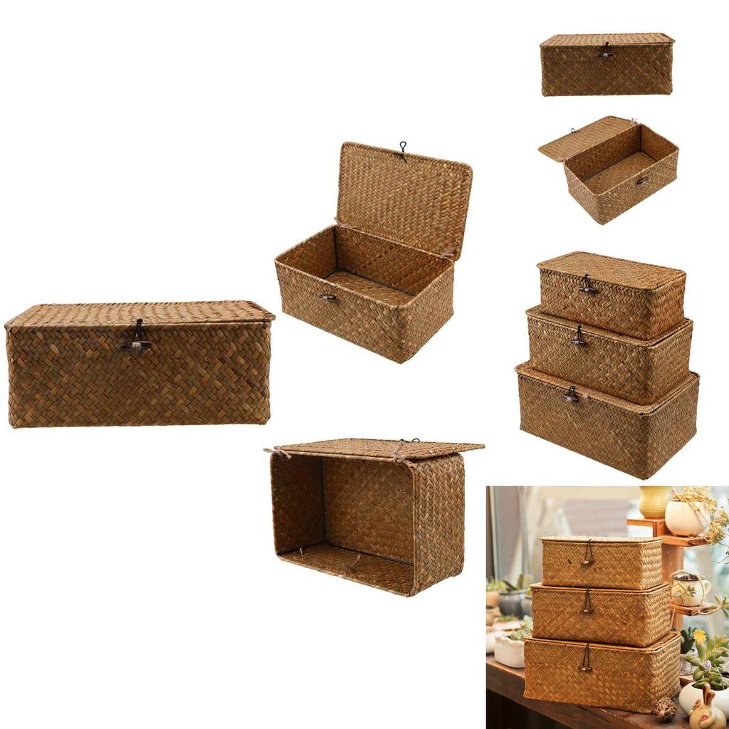 Винтажная желтая корзина для хранения из морской травы с крышкой, идеально подходящая для CD-дисков, пультов дистанционного управления и канцелярских принадлежностей