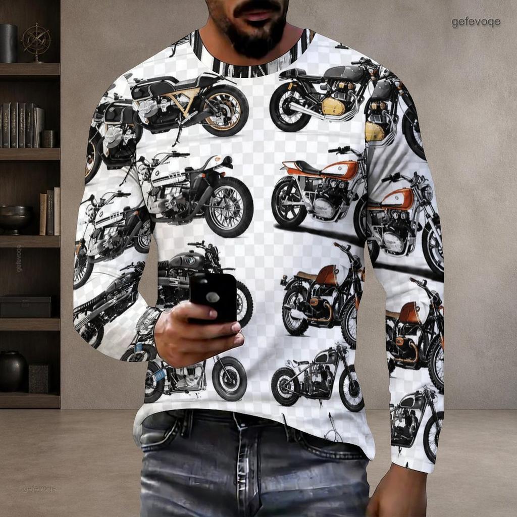 Men Plus Size Round Neck Long Sleeve Navy Blue Golden Geometric Printed T Shirt
