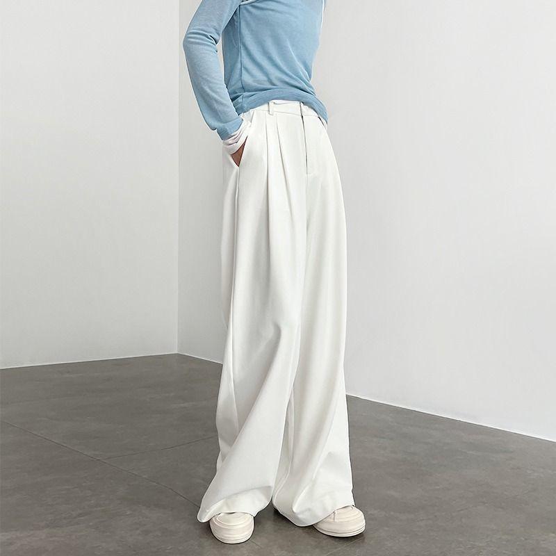Женские белые брюки с высокой посадкой, драпировкой, прямые, зауженные, сшитые на заказ, широкие от бедра | Весенне-осенние премиальные повседневные непрозрачные костюмные брюки