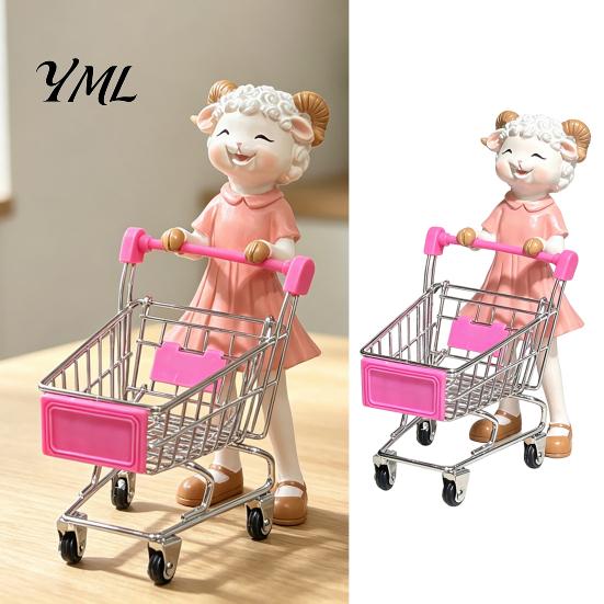 Holiday Gift for Her Cartoon Sheep Shopping Cart Figurine, Mini Grocery Trolley Toy with Lamb, Adorable Animal Ornament Cute Desk Decor Kids,