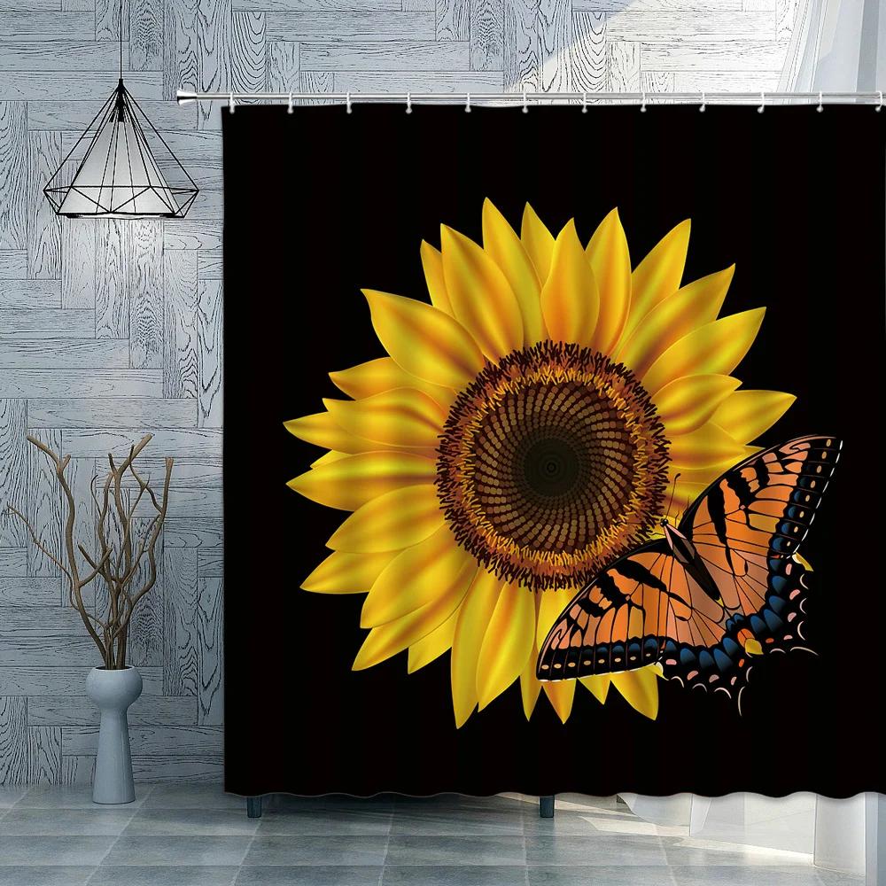 Шторка для душа Роза Подсолнух Цветок Зеленые Растения Бабочка Ванная Комната Ванна Занавески Водонепроницаемая Полиэстеровая Ткань Домашний Декор