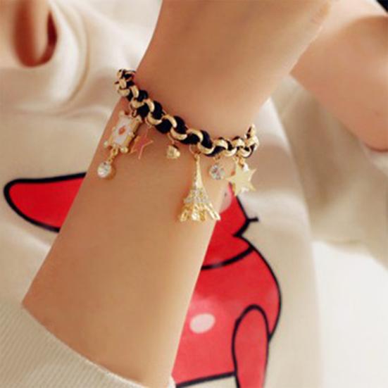 Women Fashion Eiffel Tower Stars Flower Poker Pendants Faux Leather Bracelet Jewelry