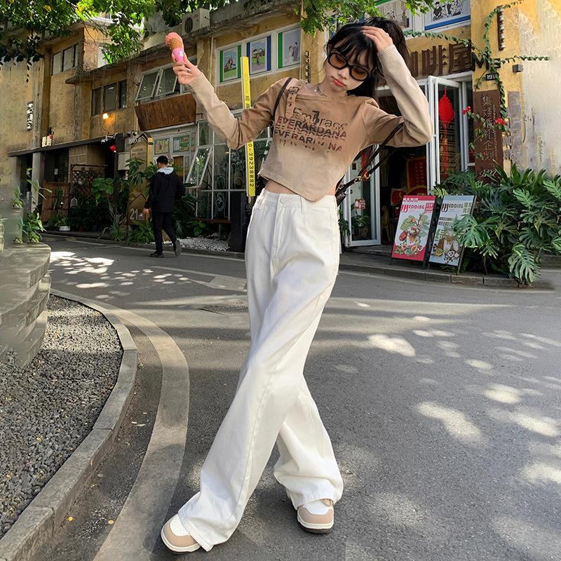 Женские джинсы Four Seasons American White Simple Wide Leg, свободные и универсальные прямые брюки до пола с высокой талией