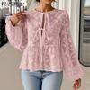 ZANZEA Женская повседневная кружевная круглая горловина с длинным рукавом полупрозрачная блузка