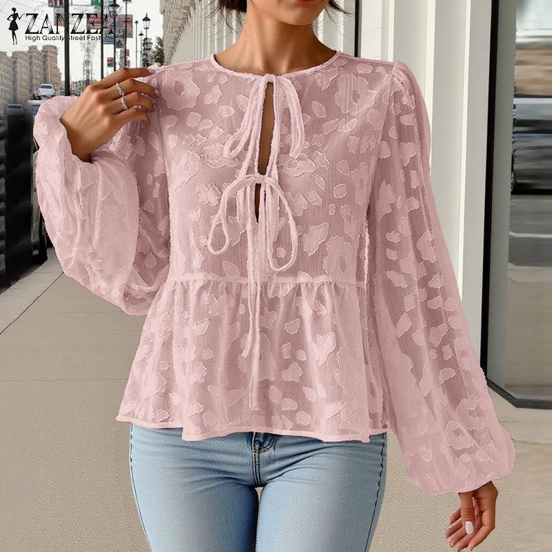ZANZEA Женская повседневная кружевная круглая горловина с длинным рукавом полупрозрачная блузка