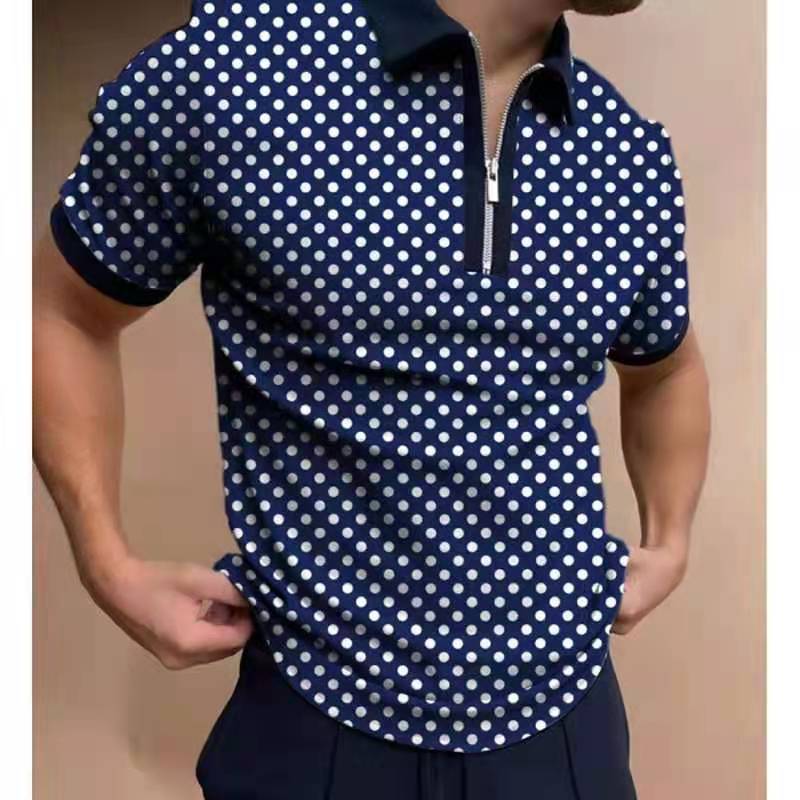 Geometric Pattern Short Sleeve Polo Shirt with Zip Collar, Casual Trendy Wear