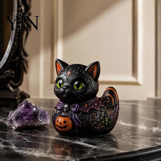 Witchy Cat Duck Sculpture Midnight Witches Figurine, Dark Fantasy Resin Whimsical Decor Accessories Statue, Gothic Cat-Duck Ornament, Spooky Halloween