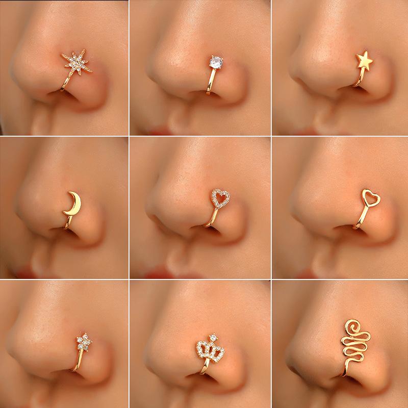 Star Nose For Women Gift Ear Clip Cuff Girl Fake Piercing Copper Earring Clip On Heart Crown Nose Ring Body Jewelry Beads