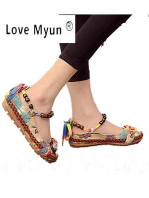 Большие размеры 42 Повседневные туфли на плоской подошве Женские туфли на плоской подошве с ремешками на щиколотке, украшенные бисером, Мокасины Zapatos Mujer Ретро Этническая вышитая обувь