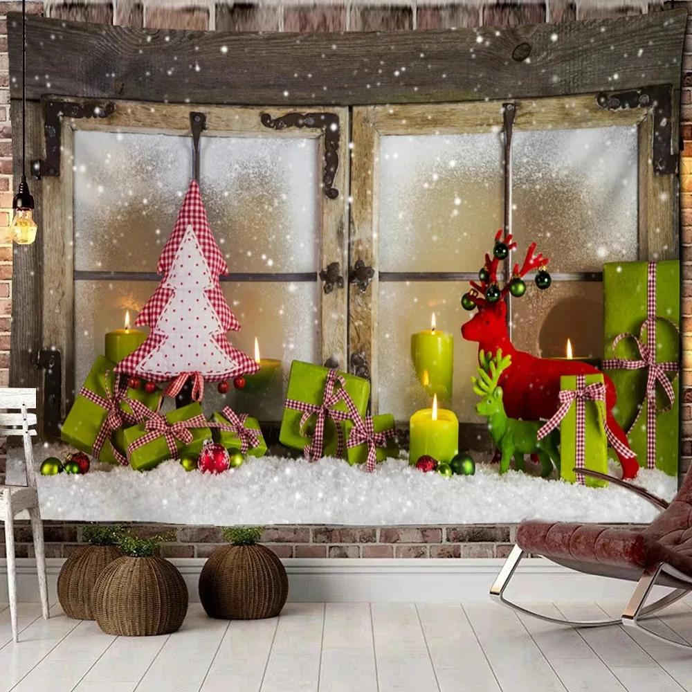 Рождественский оконный пейзаж Гобелен Спальня Гостиная Домашнее украшение на стену