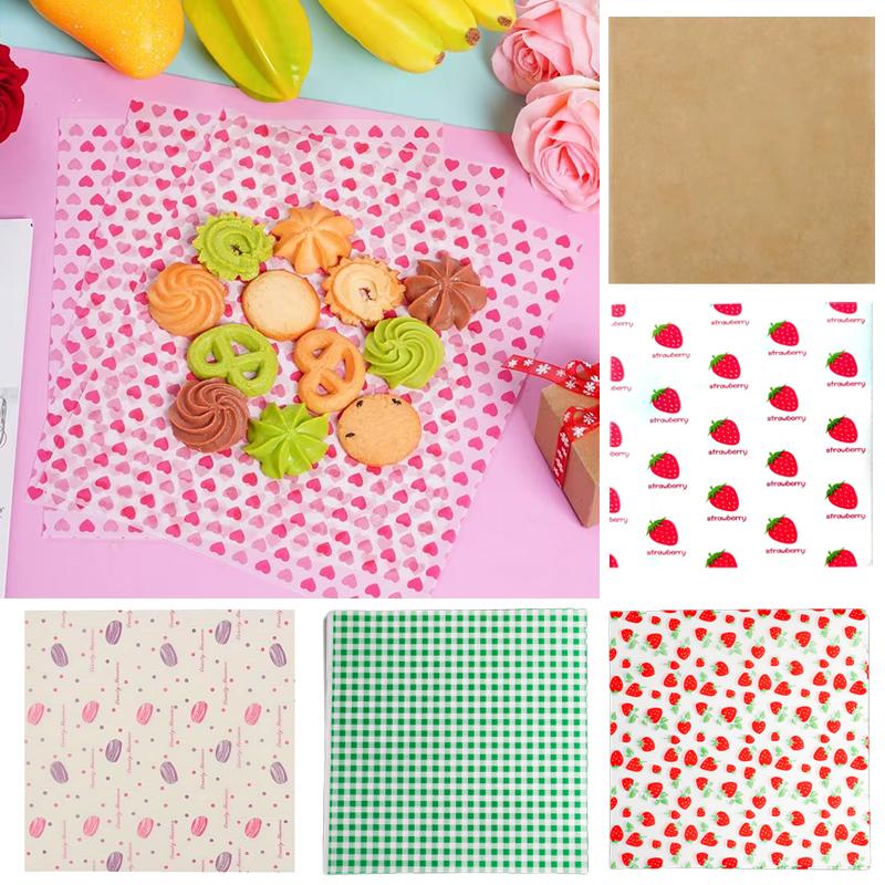 50Pcs Food Grade Baking Wax Paper Strawberry & Floral Patterned Paper Squares Non-Stick Cake Burger Chips Wrapping Papers