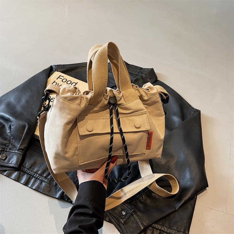 Fashion Color Blocking Design Neutral Drawstring Canvas Shoulder Crossbody Bag For Casual Girls Daily Use