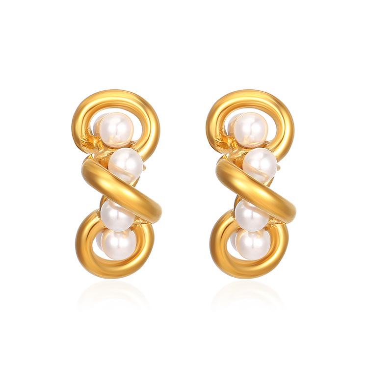 Fashion Irregular Winding Pearl Stainless Steel Earrings Women's Retro Light Luxury Plated 18K Earrings