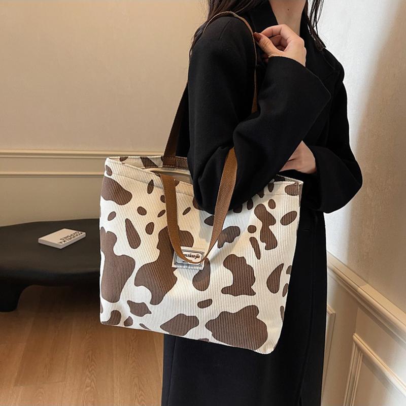 Модная вельветовая сумка-тоут с принтом коровы большой вместимости для женщин, многоразовая милая сумка через плечо для поездок на работу с молнией, складная сумка для покупок AVE