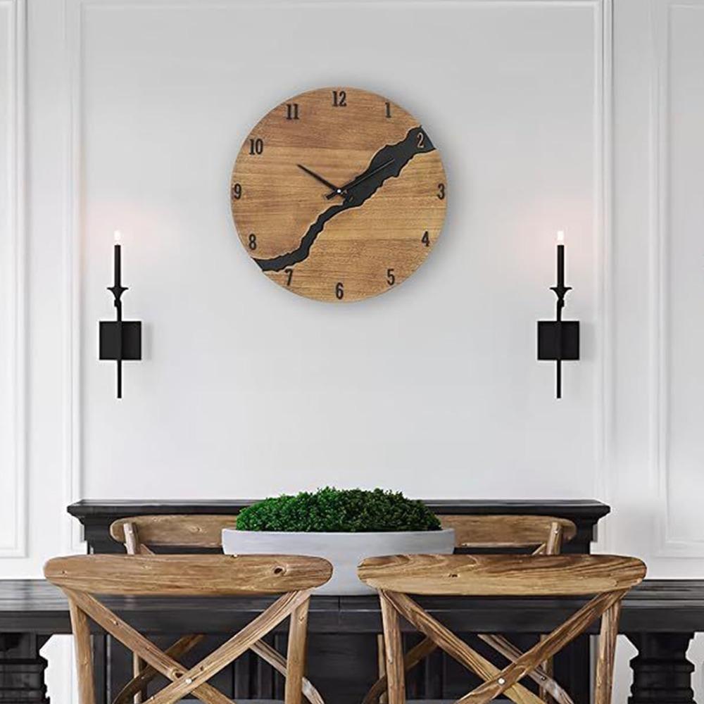 Non-Ticking Mechanism Round Wall Clock 12Inch Diameter Rustic Wall Clock For Living Room