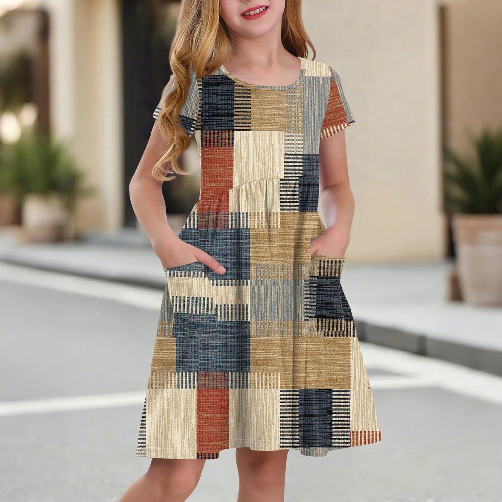 Детская юбка с круглым вырезом и коротким рукавом, платье принцессы, модное повседневное платье с карманами для девочек