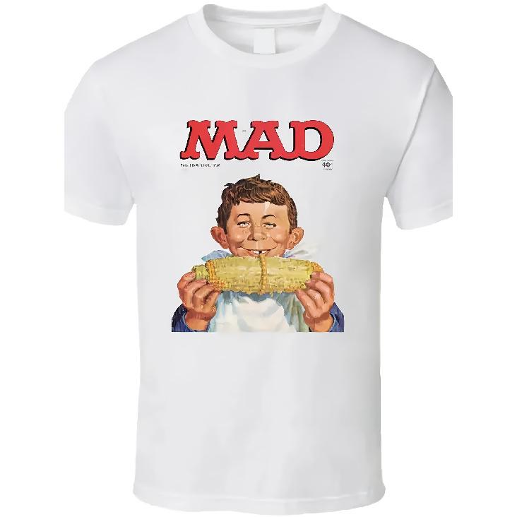 Men'S Short Sleeve White T-Shirt MAD Magazine Alfred E Neuman Eating Corn Retro Comic For Pop Culture Fans