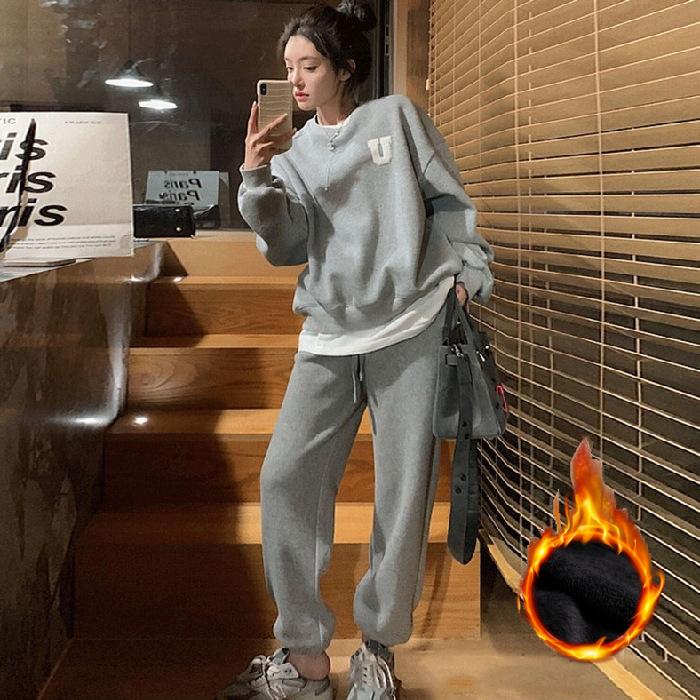 Plus Velvet Thickened Casual Fashion Sports Suit Women's Autumn and Winter Loose Sweater Trousers Two-piece Suit