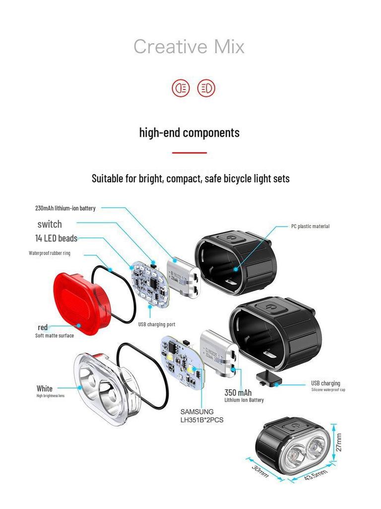 USB Rechargeable High Brightness Bicycle Front & Rear Lights for Night Riding