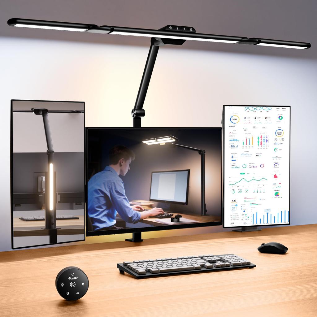 Quntis LED Desk Lamp with Sensor Detection, Clamp-on Design, 4 Light Sources, Independent Control, Wireless Remote, Ambient Light, Wide 83cm