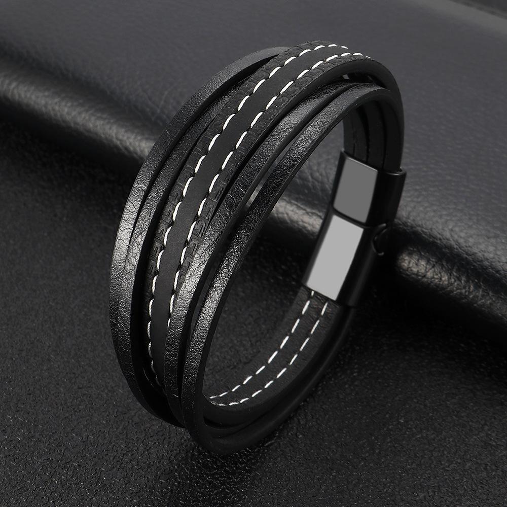 Men's Braided Leather Bracelet Multi-Layer Woven Windmill Rope Cuff Durable Cowhide Wristband