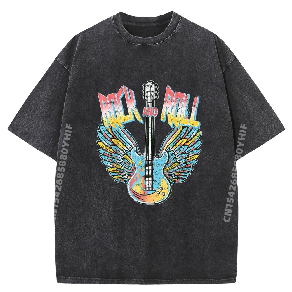 Soft Washed Shirt Vintage 80s Roll Electric Guitar Wings Graphic T Shirt Men Youth Cheap Printed Clothes Casual Style