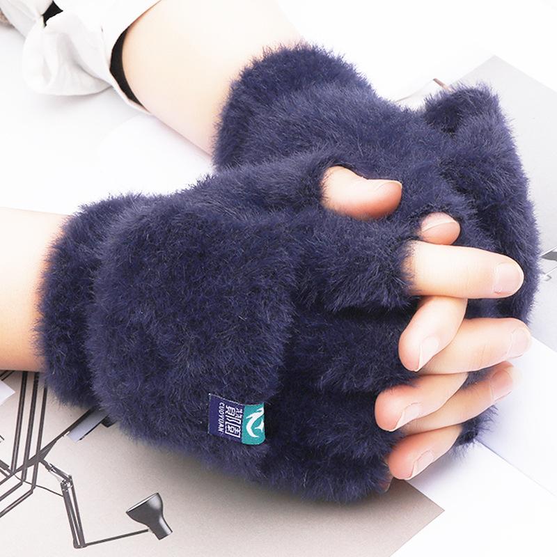 Plush Gloves Winter Warmth Student Fingerless Flip Gloves Outdoor Gloves Thickened Cold-proof