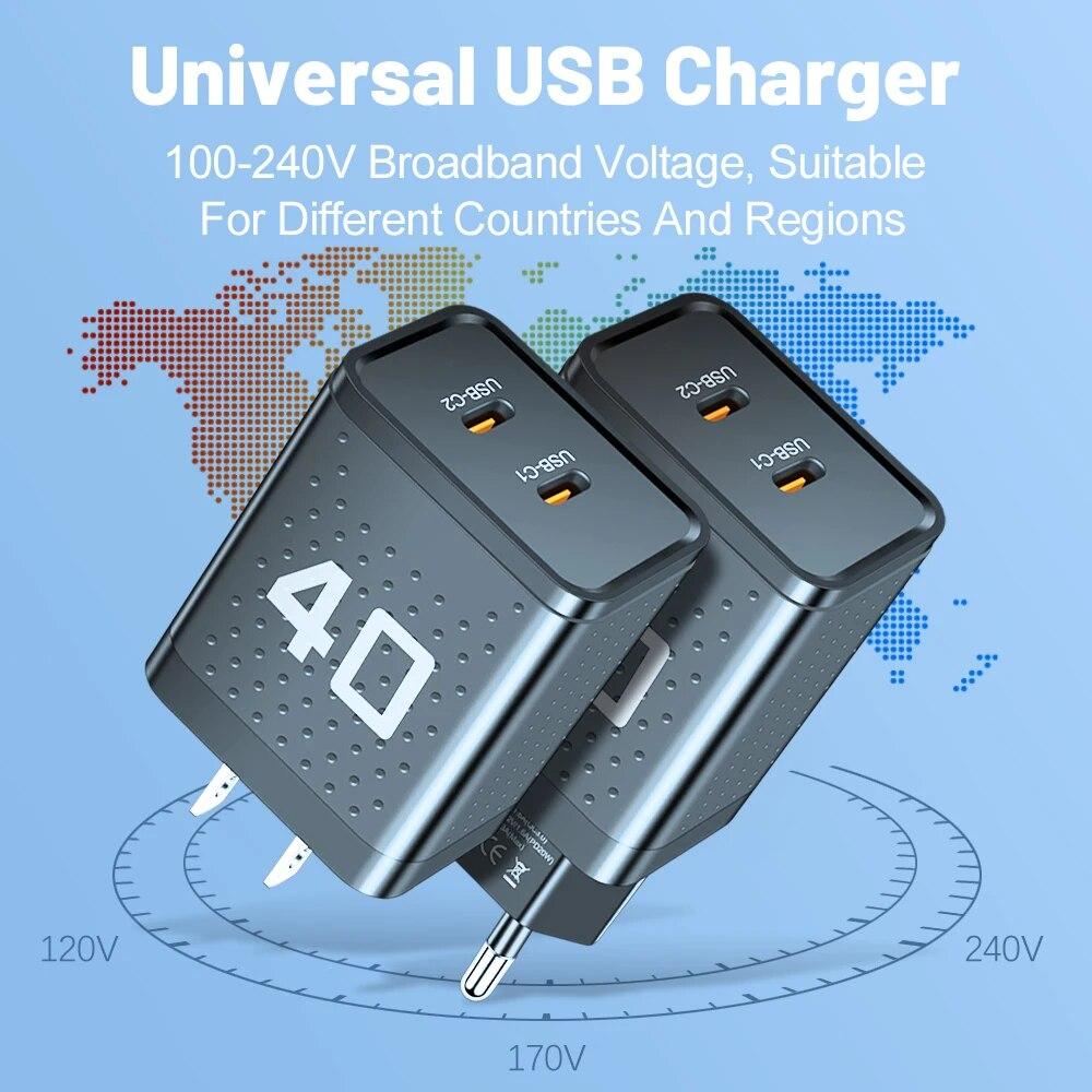 Общая мощность 40 Вт 2 порта USB C Зарядное устройство Быстрая зарядка Type C для iPhone 14 15 Xiaomi Samsung Адаптер Quick Charge QC 3.0