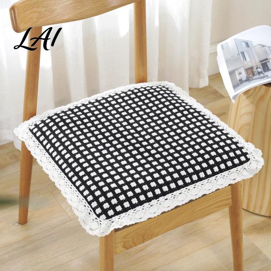 Thin Cushion for Student Chair Cotton Linen Pad Striped Plaid Dining Mat with Lace Trim Pastoral Style Breathable Seat Pad Ties Office Barstool