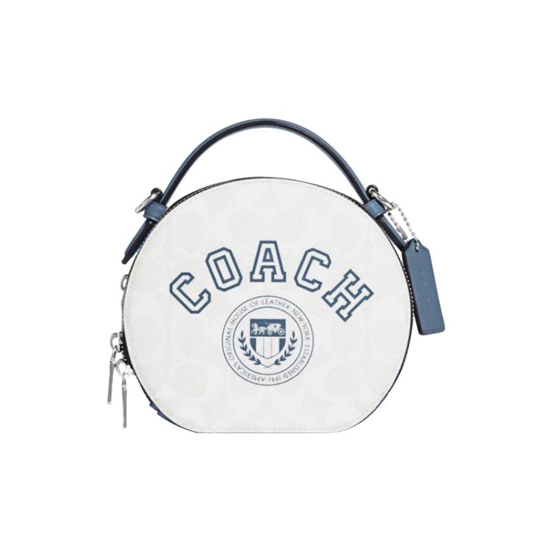 COACH Canteen 18 double zipper monogram print, artificial leather, hand-held crossbody bag, medium size, women's, chalk white with indigo blue