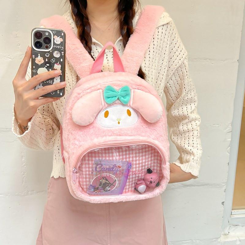 Cute Hello Kitty Kuromi Cinnamoroll My Melody Checkered Pattern Plush Backpack For Leisure Trips