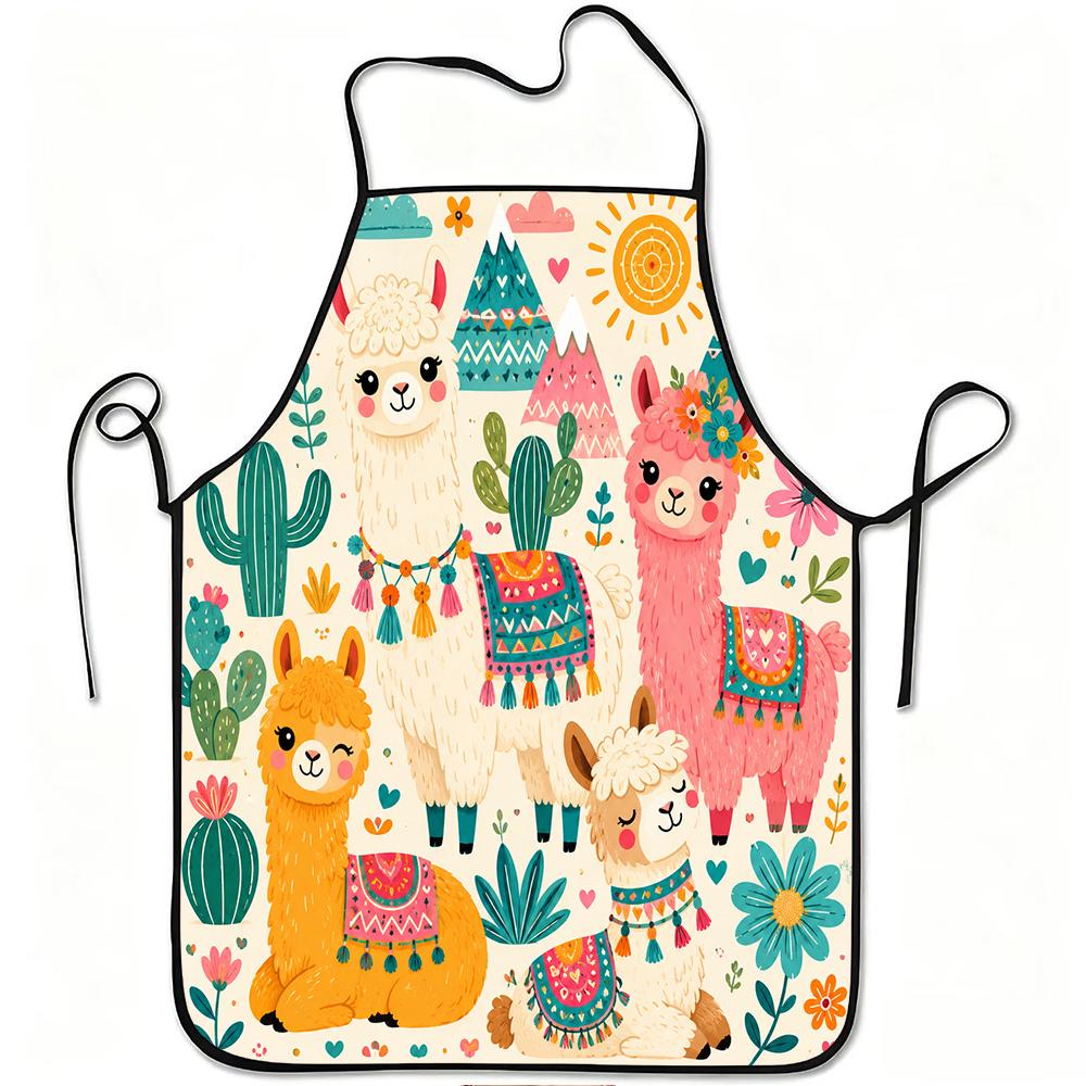 1pc Cute Alpaca And Cactus Print Apron, Durable And Easy to Clean, Adjustable Waistband, Polyester Material, for Kitchen Cooking, Gardening, Orchard P