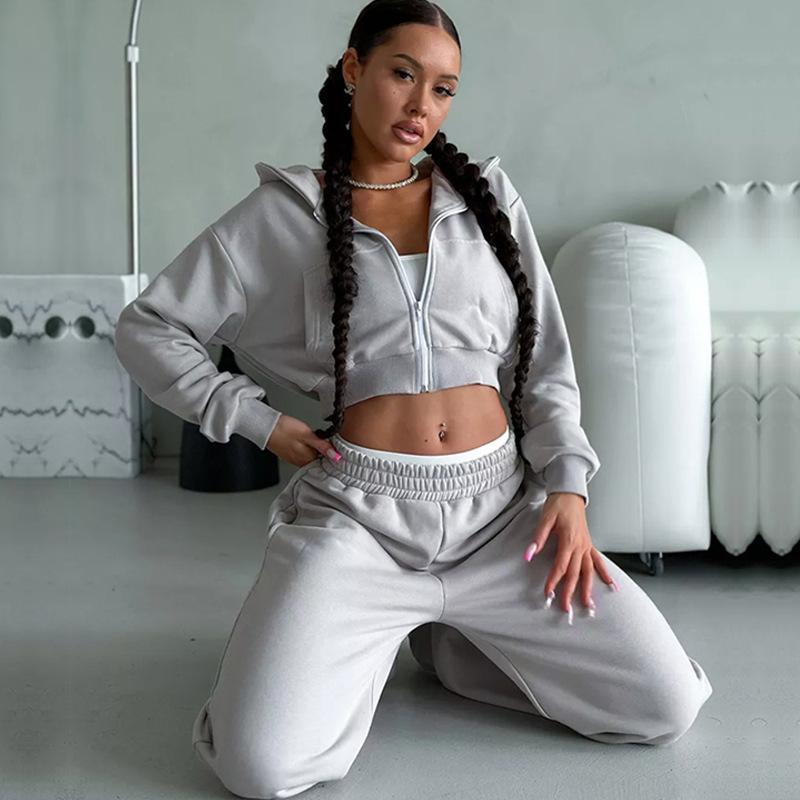 2026 Sexy Fashion Lounge Set Long Sleeve Hooded Crop Top Shorts Cardigan Sweatpants 2 Piece Outfit