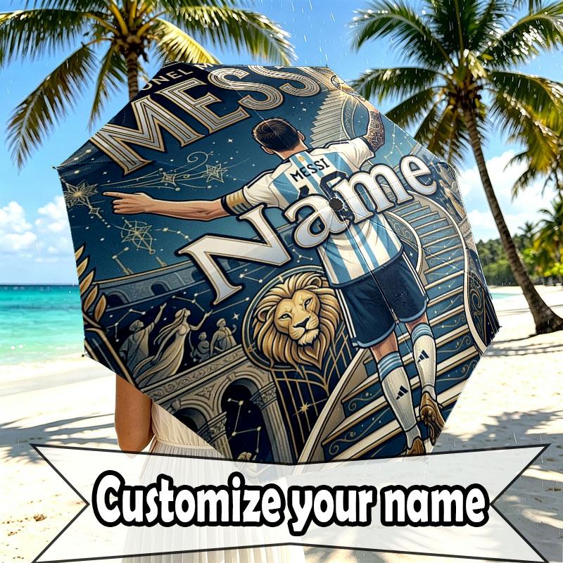 Custom Name Personalized Lionel Messi Print Umbrella, Auto Open Close, 8‑Rib Sturdy Frame, Commute Camping Hiking Use, Birthday Gift