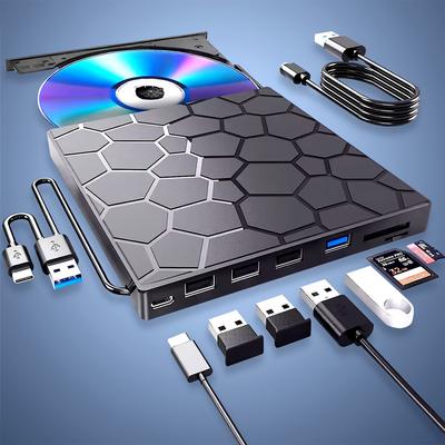Внешний DVD-привод USB 3.0 8-в-1 с картридером и USB-хабом - Тонкий портативный для ноутбуков Windows/Mac