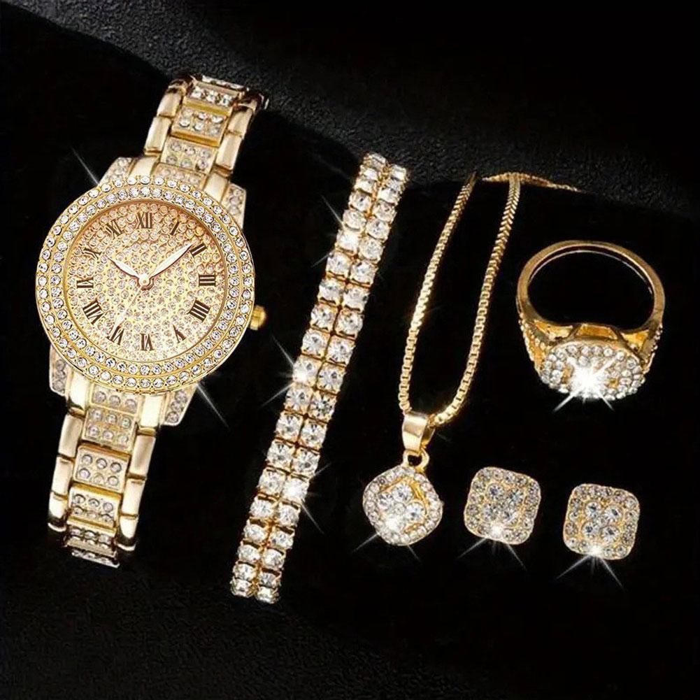 6Pcs Elegant Roman Dial Quartz Wristwatch Luxury Alloy Rhinestone Set Fashion Necklace Earrings Bracelet Jewelry Gift For Ladies