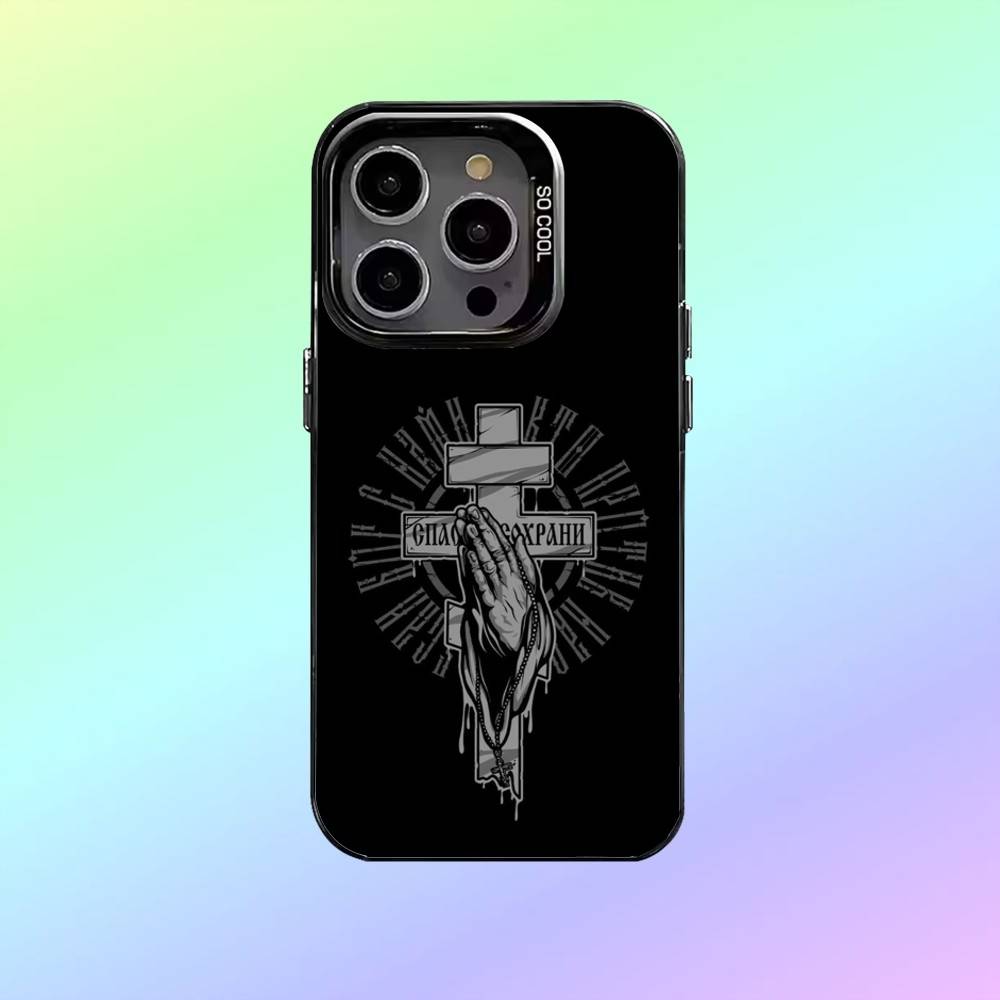 Чехол для телефона с иконкой Православного Креста О- для iPhone17,16,15,14,13,12,11 Покрытие с серебряным ободком для камеры Конфетное матовое покрытие