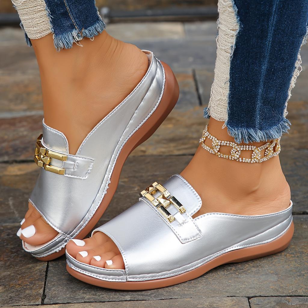 Women's Chain Decorative Wedge Sandals, Casual Open-toed Platform Shoes, Comfortable Sandals