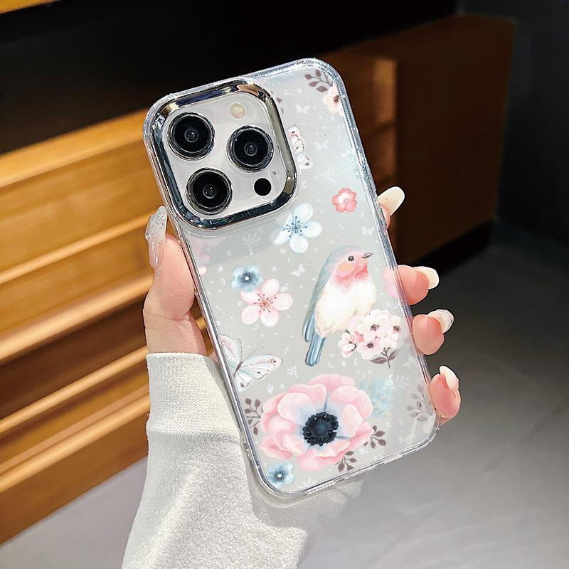 Plating Retro Flowers Pattern Case For iPhone 16 15 14 Pro Max Plus 12 13 Pro 11 Electroplating Lens Frame Clear Cover