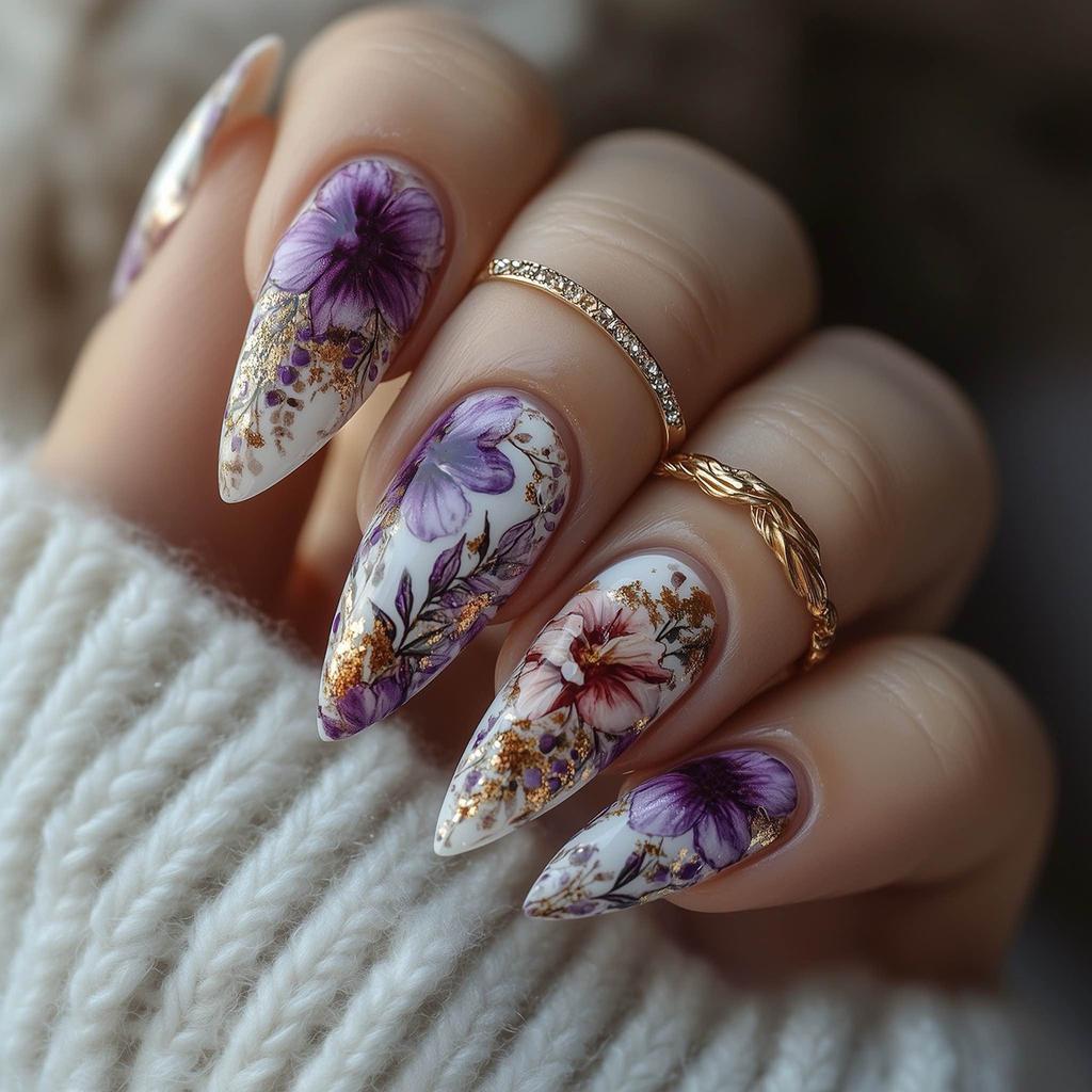 24PCS Retro Purple Flowers Gradient Stiletto False Nails with Sweet Butterfly Pattern Almond Press On Nails Wearable Simple Nail