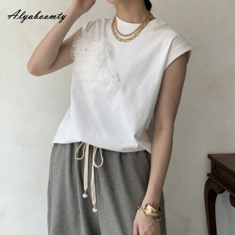 Korean Fashion Women Streetwear Sleeveless Top O Neck Black White Gray Floral T-Shirt Stylish Ladies' Basic Solid Tee