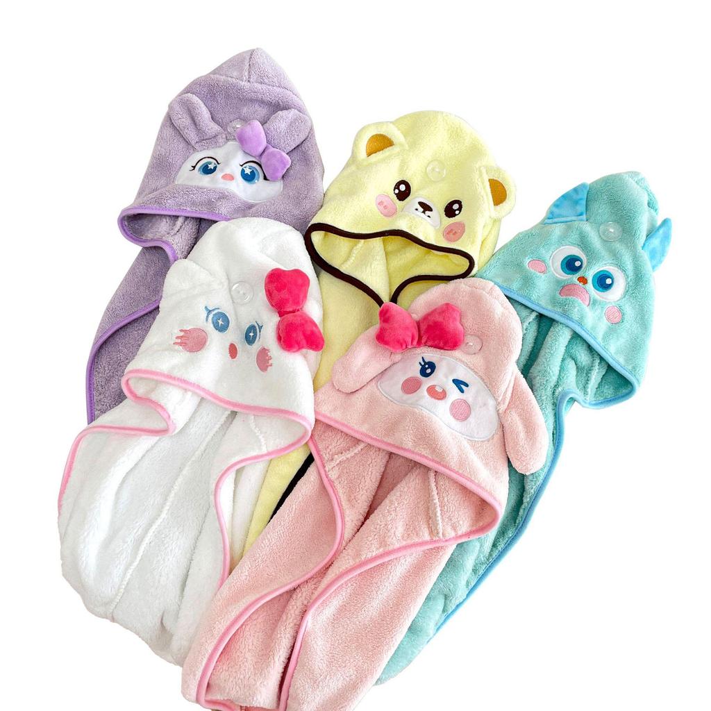 Douyin Trendy Parent-Child Cartoon Animal Shower Cap: Coral Fleece, Quick-Drying, Water-Absorbent, Cute Design for Kids