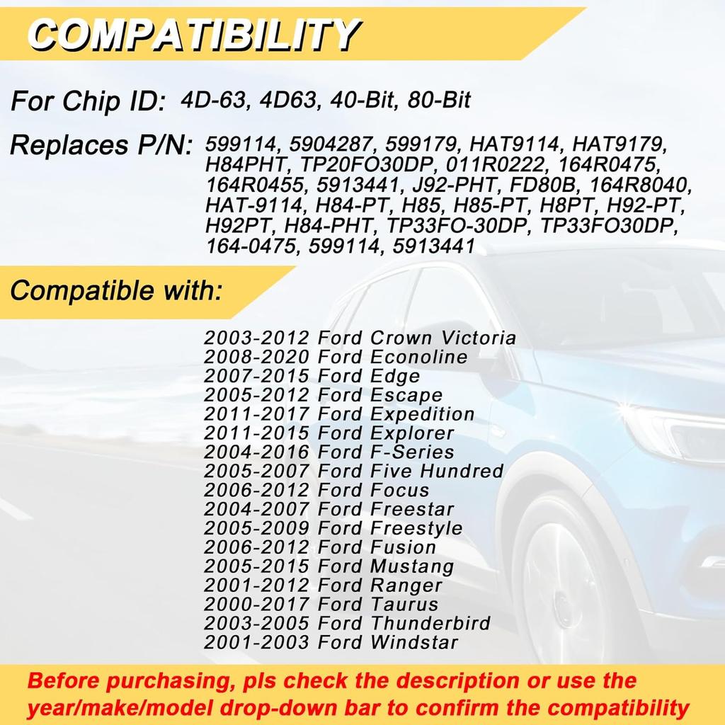 80 BIT Transponder Ignition Car Key, 4D-63 H84 H85 H92 Replacement for Ford F-Series Expedition Escape Explorer Focus Mustang Ranger Taurus, New