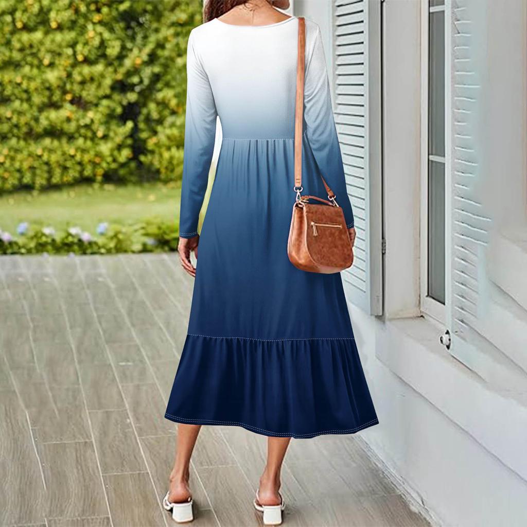 Women's Gradient Sequins Printed Casual Dress Spring Autumn Pocket Round Neck Long Sleeve Dresses